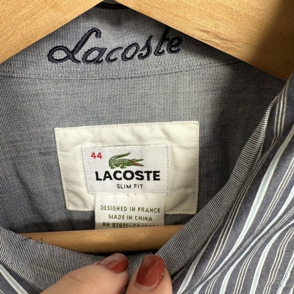 LACOSTE Long Sleeve Button Stripe Shirt Size 44‎ Slim Check Measurements XL - Picture 3 of 9